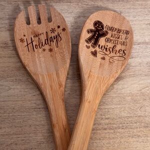 Holiday Themed Etched Bamboo Wooden Spoon & Spork Set Gingerbread Decor